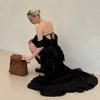 Ruffled Halter Dress, Diagonal Neck, Sleeveless Lace, Irregular Hem