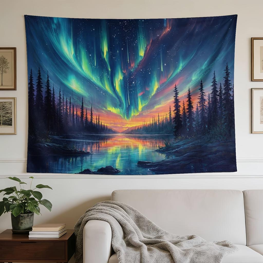 A Stylish Tapestry, Aurora Borealis, Vibrant Skyscape, Serene Forest.,perfect for Sprucing up Wall Decor in Homes, Dorms and Bedrooms.