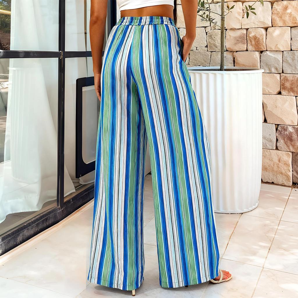 Women's Summer Casual Wide Leg Pants with Elastic Waist, Stripe Print