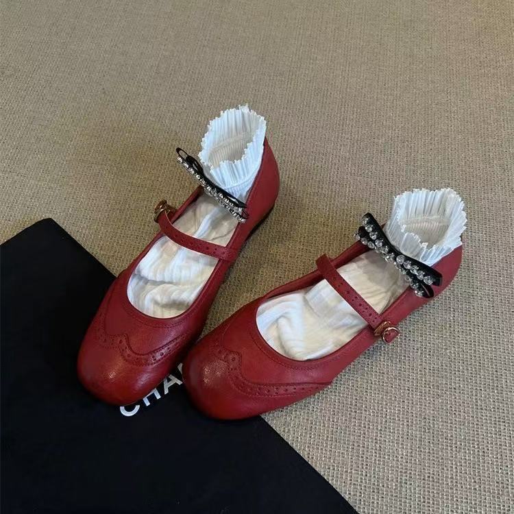 Vintage Brock carved word with flat Mary Jane shoes, light mouth soft leather pink single shoes