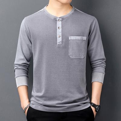 New Men's T-shirt Men's Autumn Long Sleeve Lapel Workwear Round Neck Youth Blended Loose Bottoming Shirt Autumn Clothes