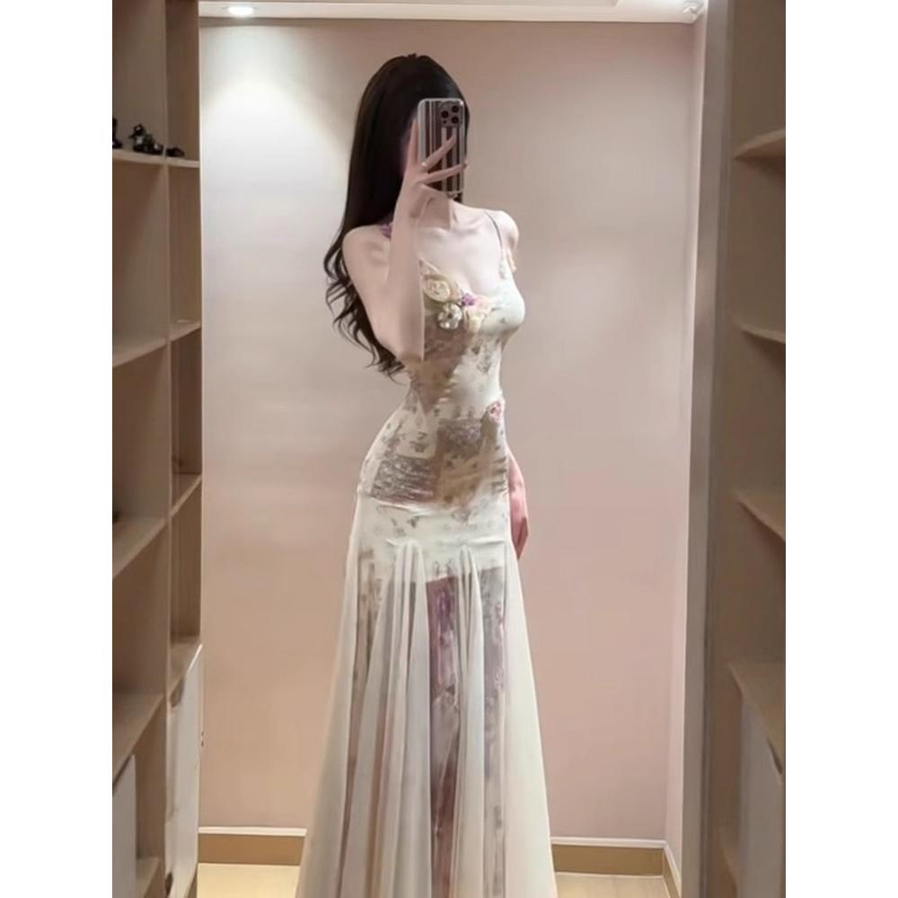 French Beautiful Heavy Industry Three-dimensional Flower Suspender Dress Women's Summer Design Sense Waist Mesh Fishtail Long Skirt