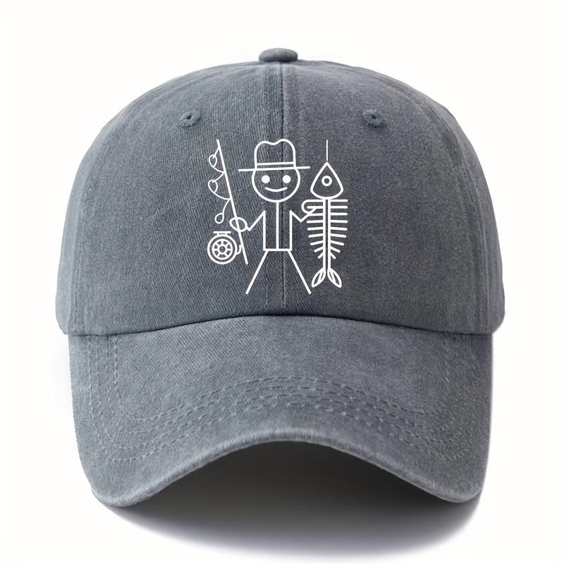 Printed Cartoon Man Fishing Baseball Cap, Outdoor Curved Brim Cap, Truck Driver Cap, Vacation Travel Camping