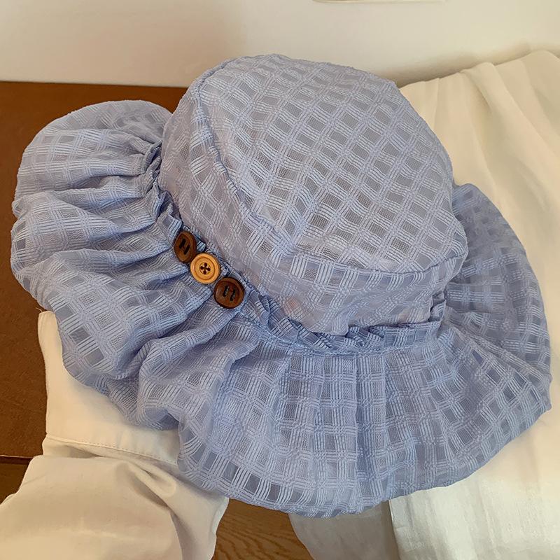 Japanese Style Button Plaid Fisherman Hat Women Wide Brim Face Slimming Sun Protection Hat Breathable Bucket Hat Outdoor Travel