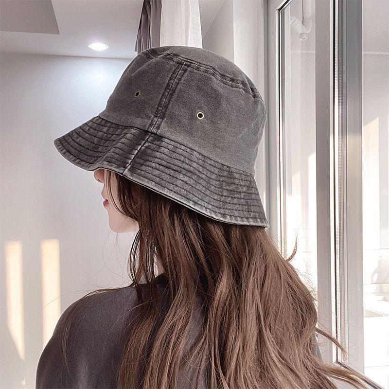 Hong Kong Retro Washed Denim Bucket Hat - Fashionable, Distressed, Versatile, Breathable Sun Hat for a Slim Face Look.