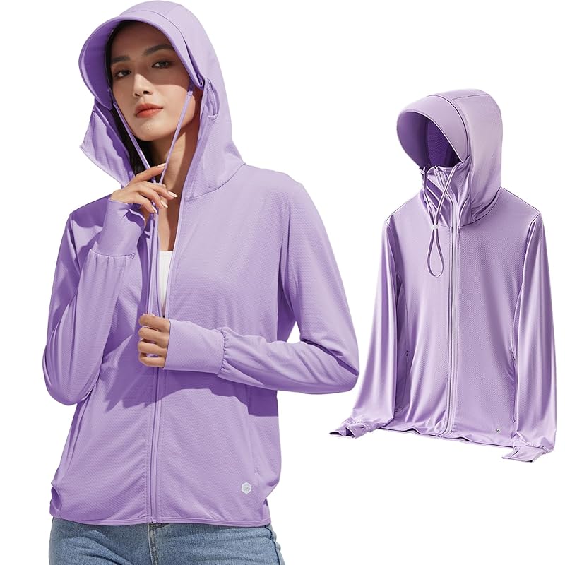 

[KANGNAN] рашгард женский прохладный на ощупь с защитой от ультрафиолета UPF50+ летний купальник с капюшоном впитывает пот и быстро сохнет длинный рукав с отверстиями для пальцев с защитой от ультрафиолета