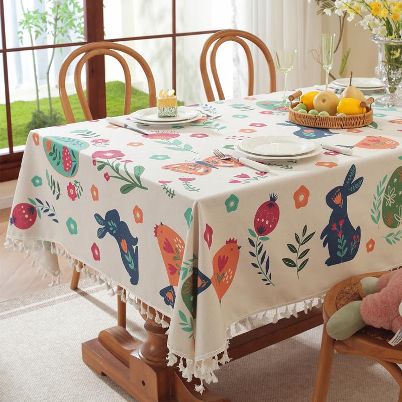 Easter Print Fringed Rabbit Flower Rectangular Tablecloth Coffee Table Cloth