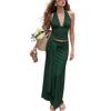 Women's Halter Neck Deep V Neck Top with Tie Detail and Long Skirt Set Casual Two Piece Outfit Summer Beachwear