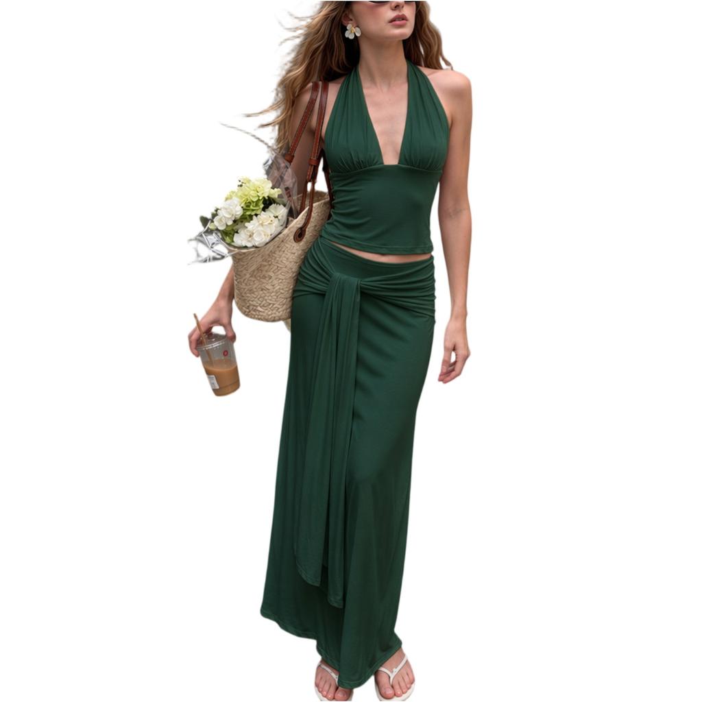 Women's Halter Neck Deep V Neck Top with Tie Detail and Long Skirt Set Casual Two Piece Outfit Summer Beachwear