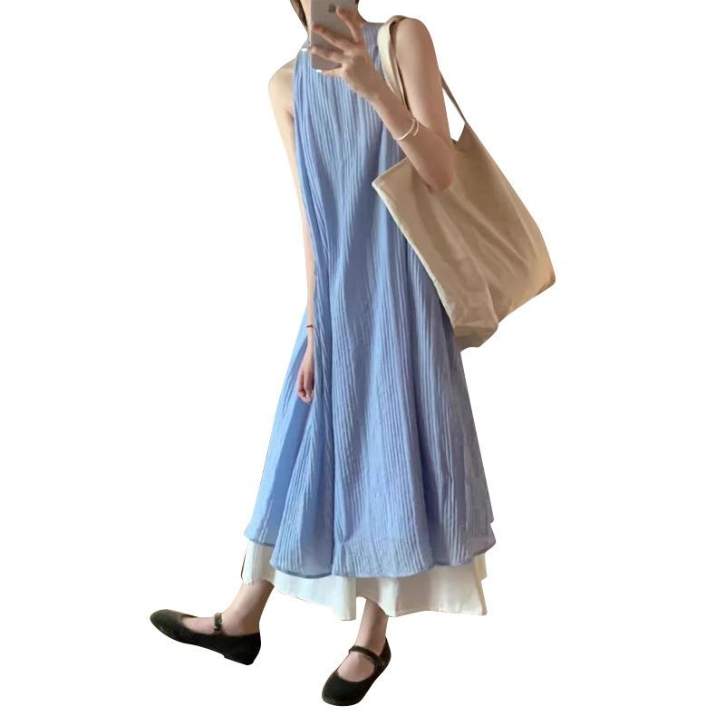 Women's Gentle Temperament Blue Sleeveless Vest Dress Summer Texture Relaxed Casual Dress