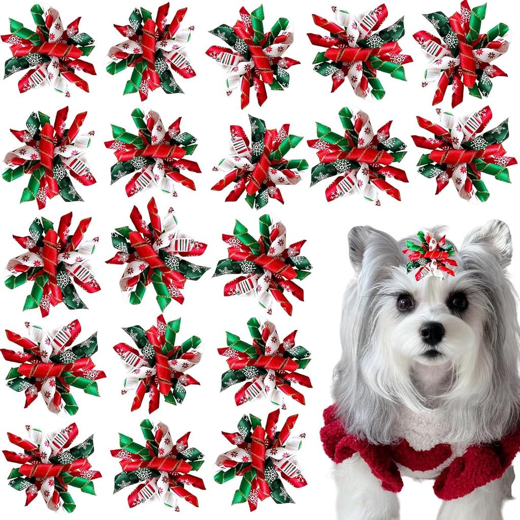 20pcs Curly Christmas Dog Bows Dogs Christmas Hair Bows with Rubber Bands Puppy Grooming Bows for Small Dogs Cats (A#)