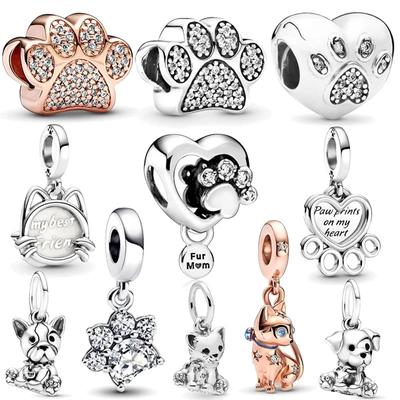 Fall New S925 Sterling Silver Cute Pink Kitten Dog Paw Pendant Charm Fit Original  Bracelet Women Jewelry DIY