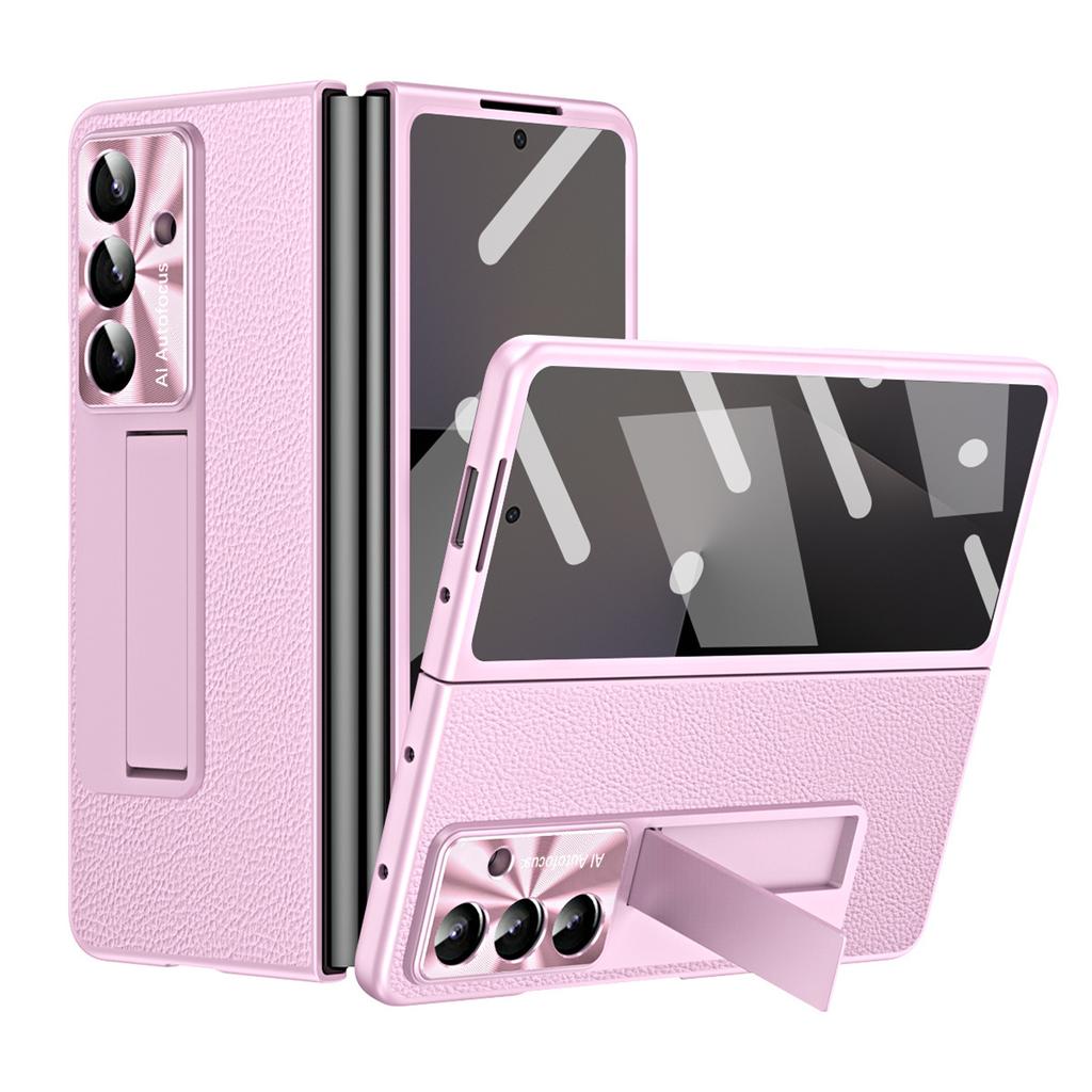For Samsung Galaxy Z Fold7 5G Case Kickstand Leather+PC Phone Cover with Tempered Glass Film