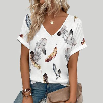 Women's V-neck Short Sleeved Feather Printed Top Loose T-shirt Casual Shirt