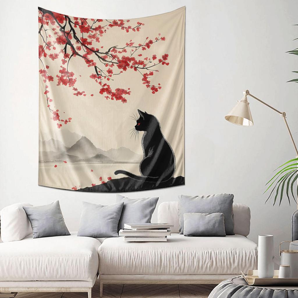 Black Cat and Cherry Blossom Tapestry Oriental Art Wall Hanging Elegant Home Decor