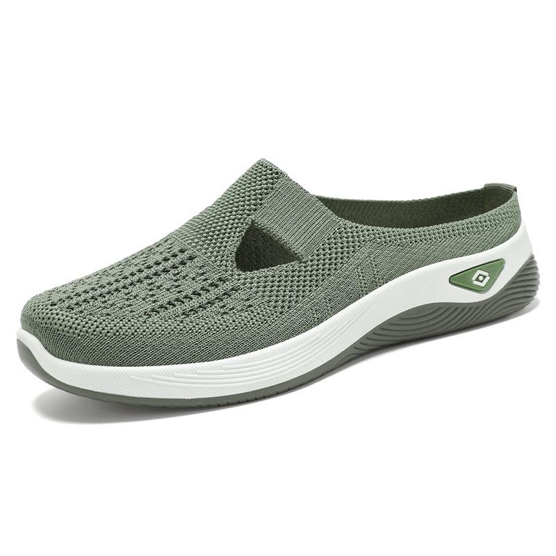 Women's Versatile Breathable Slip-On Closed-Toe Mesh Flyknit Casual Half Slippers with Soft Soles.