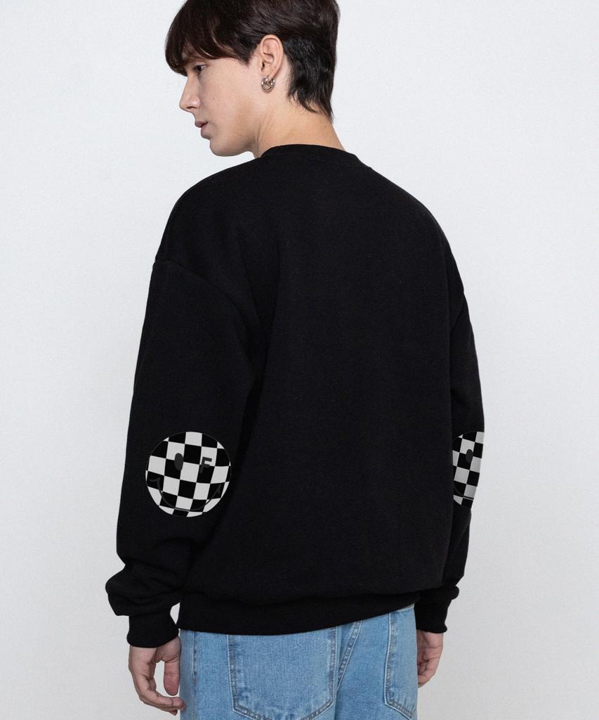 Graver [Unisex] Elbow Checkerboard Dot Smile Sweatshirt_Black