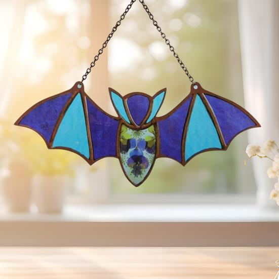 Bat Stained Glass Sun Catcher Translucent Window Hanging Decoration Handmade Acrylic Wall Art Light Catcher for Halloween Home Decor