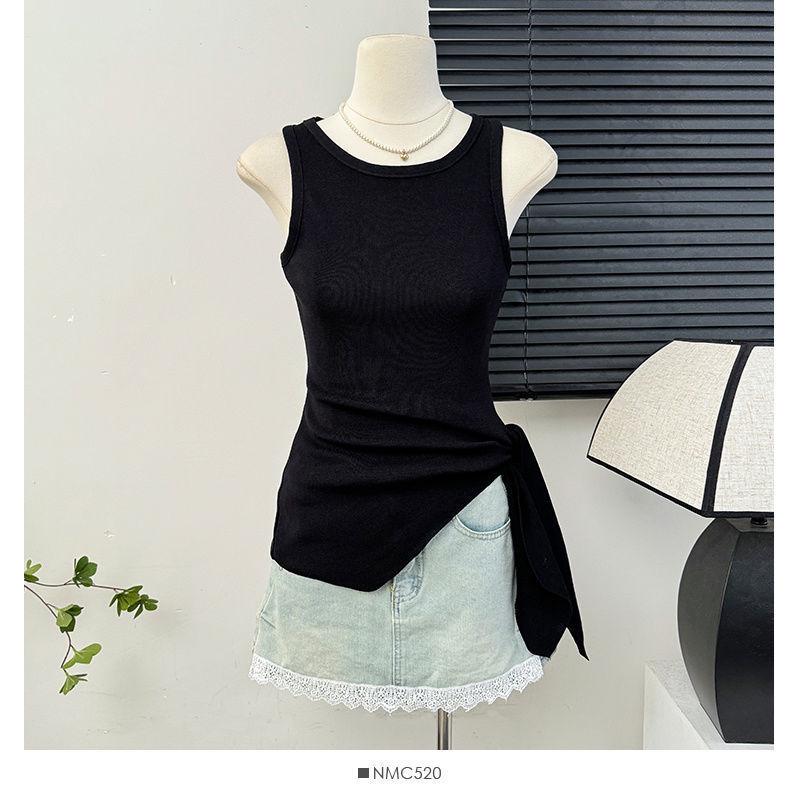 

Dopamine Orange Irregular Knit Camisole: Cinched Waist, Tie-Up Slit Sleeveless Top Small чёрный