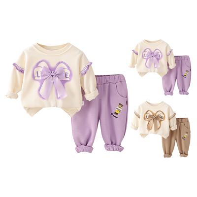 Children's Spring And  Bow Long Sleeve Hoodie Baby Set Girls' Fashionable Western Casual Pants Two Piece Set