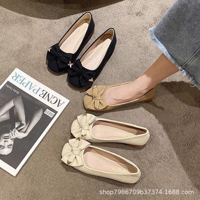 2024 Spring and Autumn New Sweet Flat-bottomed Bow Single Shoes Women's Soft-soled Retro Square Head Light Mouth Beanie Shoes Ladyshoes