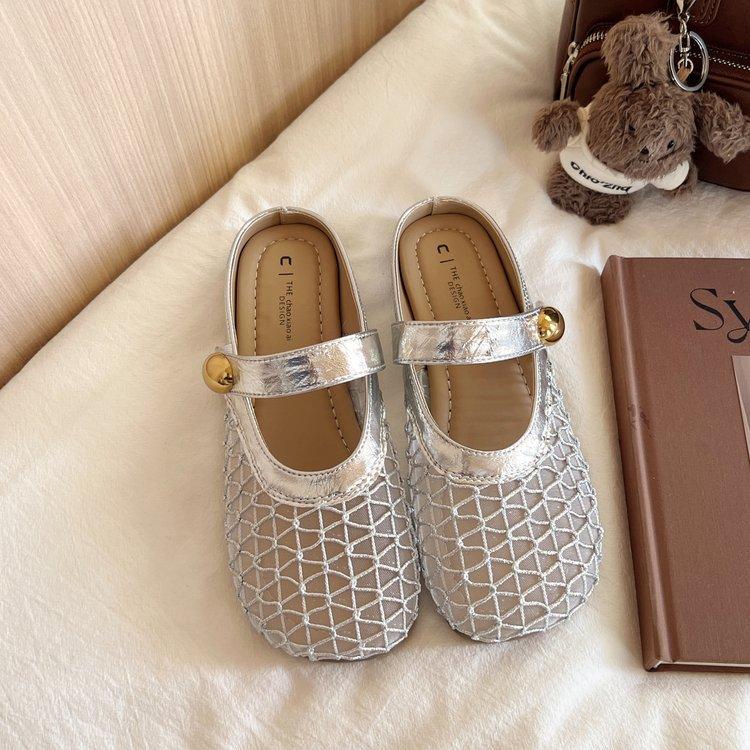 

Mesh breathable half slippers women s summer wear 2025 new silver one-pedal fisherman shoes bag head flat-bottomed cool slippers 40 серебряный