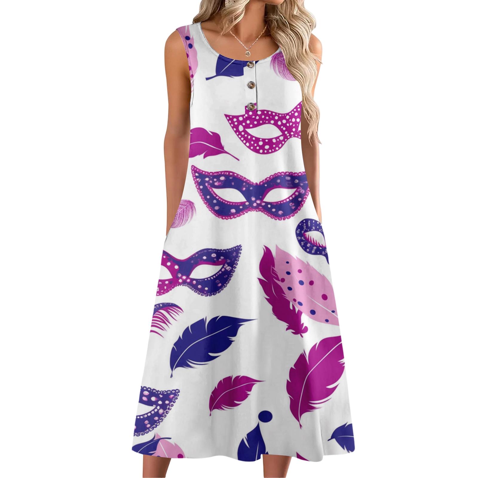 

Women s Fashion Casual Sleeveless Buttoned Carnival Printed Dress with Pockets XL білий