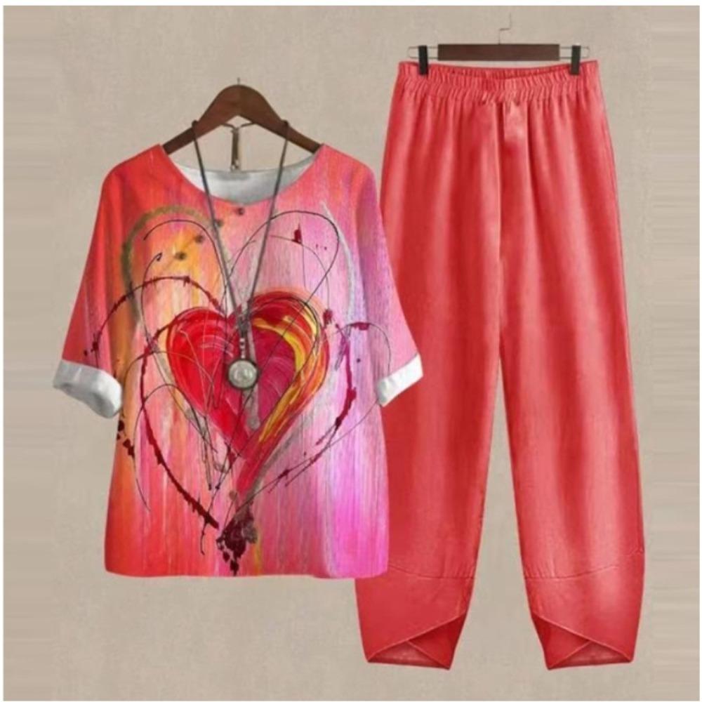 Women's Casual Two-Piece Floral Print Outfit Five-Point Sleeve Tops and Elastic Waist Pants Set