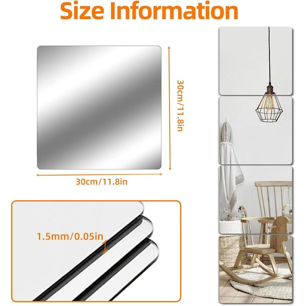 Self Adhesive Mirror Tiles 30x30cm,Stick On Wall Non-Glass Acrylic High Clear Mirrors Stickers,Flexible Full Length Plastic Mirror Sheets for Bathroom
