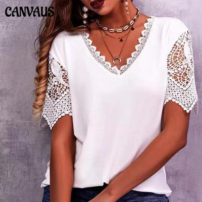 Women's Lace Patchwork Loose V-Neck Short Sleeve T-Shirt