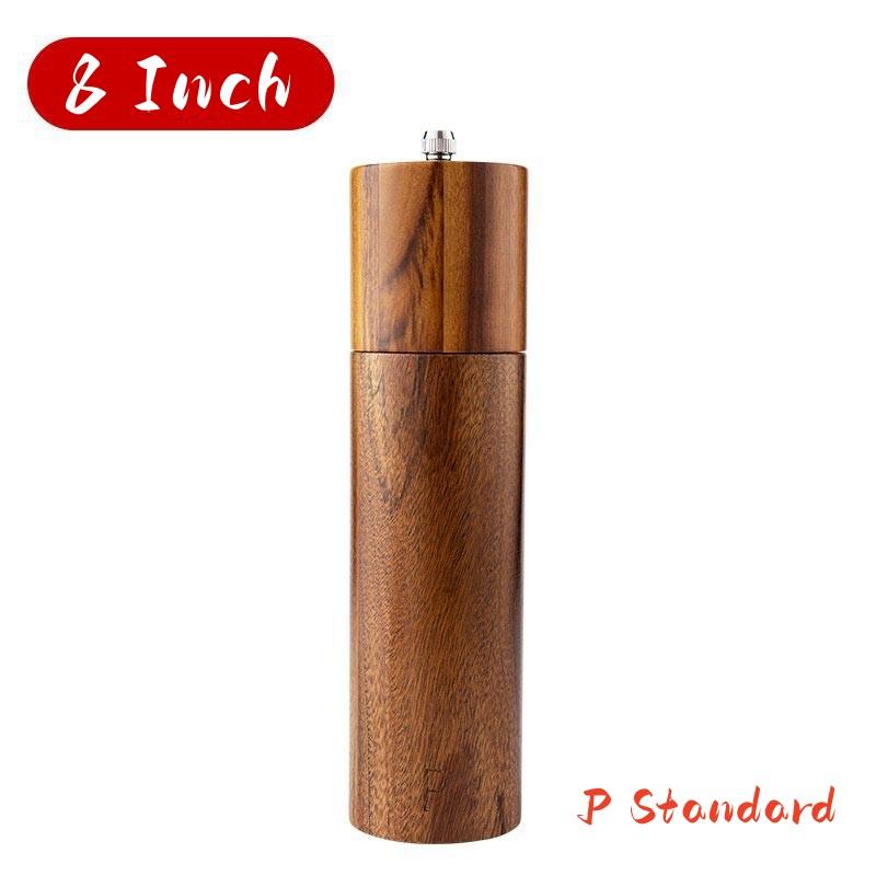 Cylindrical Wooden Salt and Pepper Grinder Set,Refillable and Matching Spice Mill,Wood Tray,Tall 8Inch,Manual Pepper Shakers Set