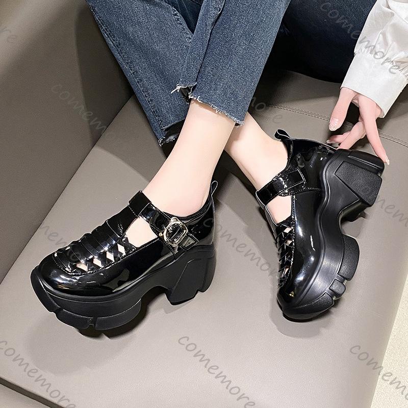 Fashion Comemore Summer New Mary Jane High Heel Sandals Hollowed Out Thick Bottom Beige Black Women's Shoes Fashion Breathable Sandales