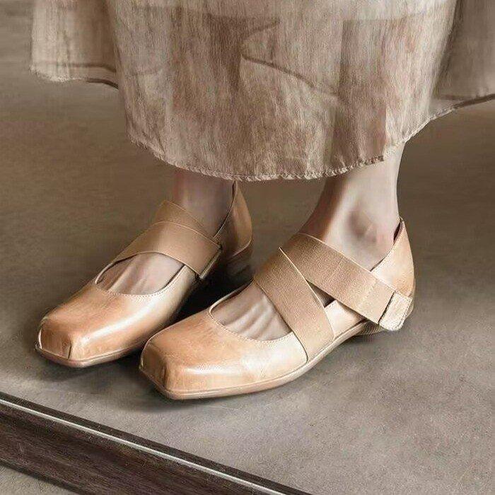 Sheepskin version~ French retro square head cross belt sports ballet single shoes low heel light mouth commuting Mary Jane shoes