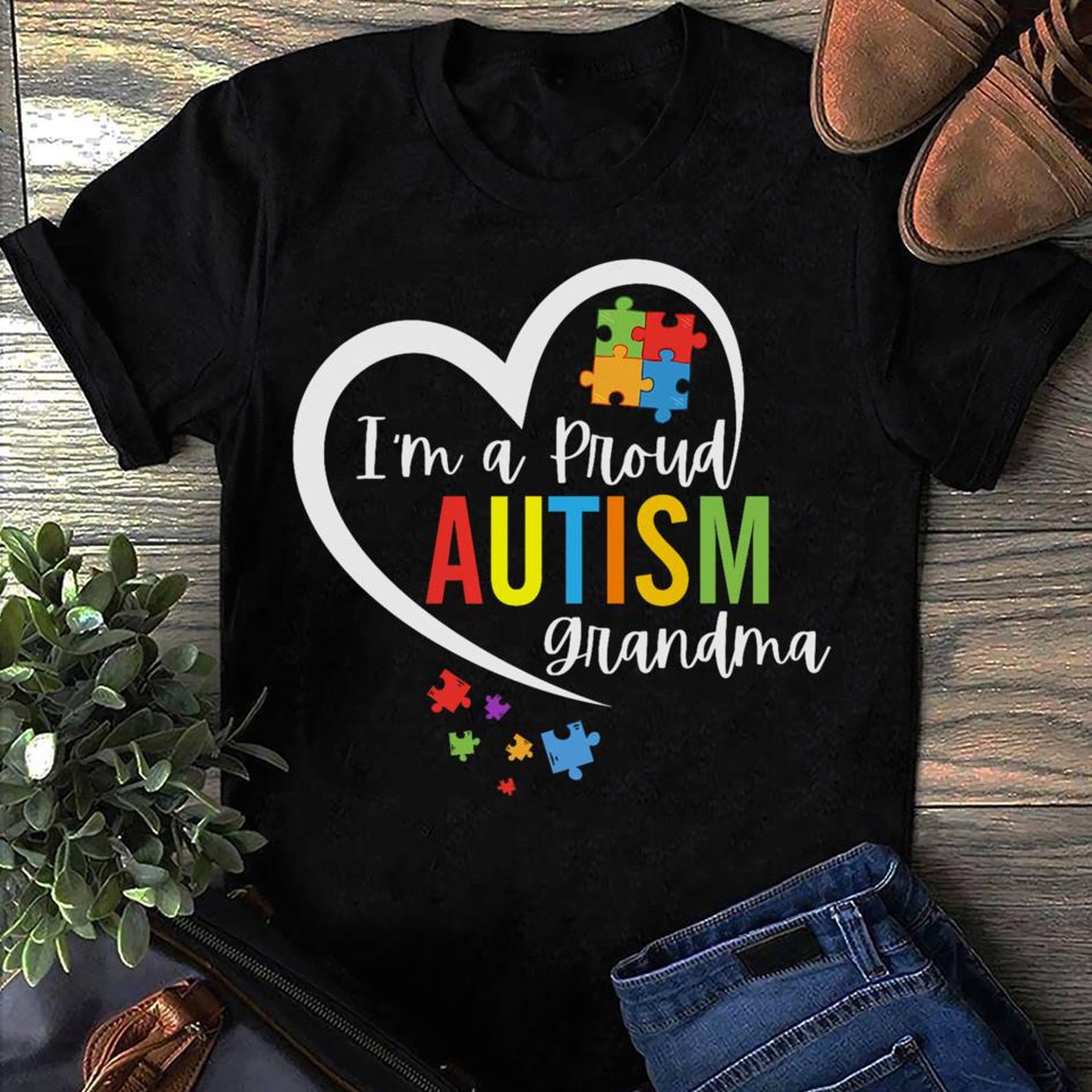Proud Grandma Autism Awareness T-Shirt: Love Heart Puzzle S