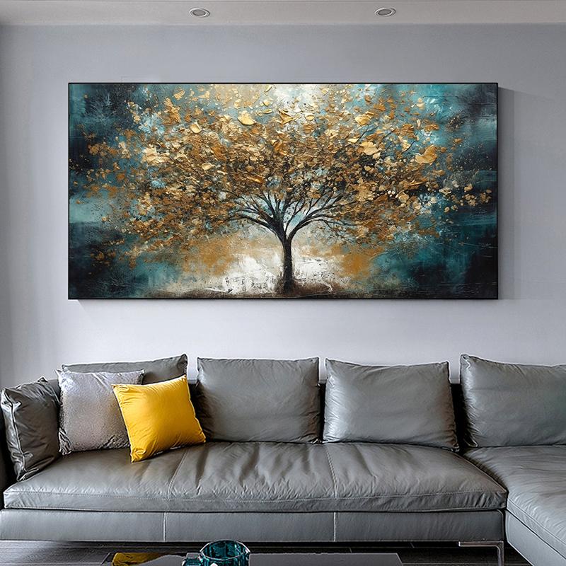 Abstract Gold and Blue Winter Tree Canvas Painting Wall Art Rich Tree Posters Landscape Picture for Living Room Wall Decor