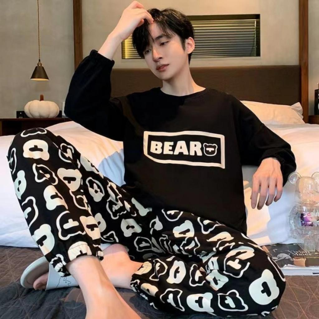 Pajamas Spring and Autumn Men's New Long Sleeve Outable Home Clothes Simple and Casual Large Set