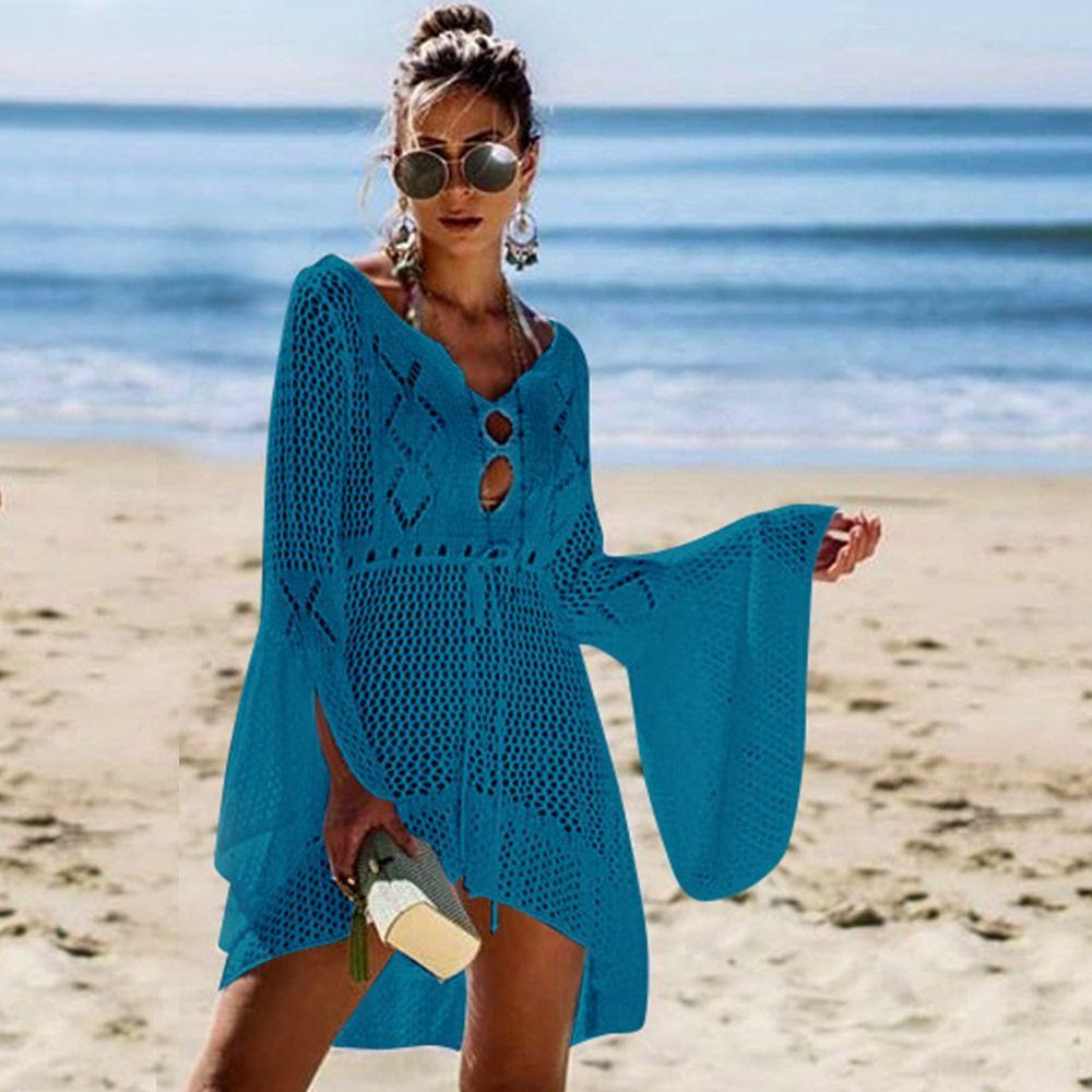 Fashion V Neck Summer Sunscreen Smock Knitted Hollow Out Swimsuit Cover Up Dress Loose Bathing Suit Swim Dress for Women