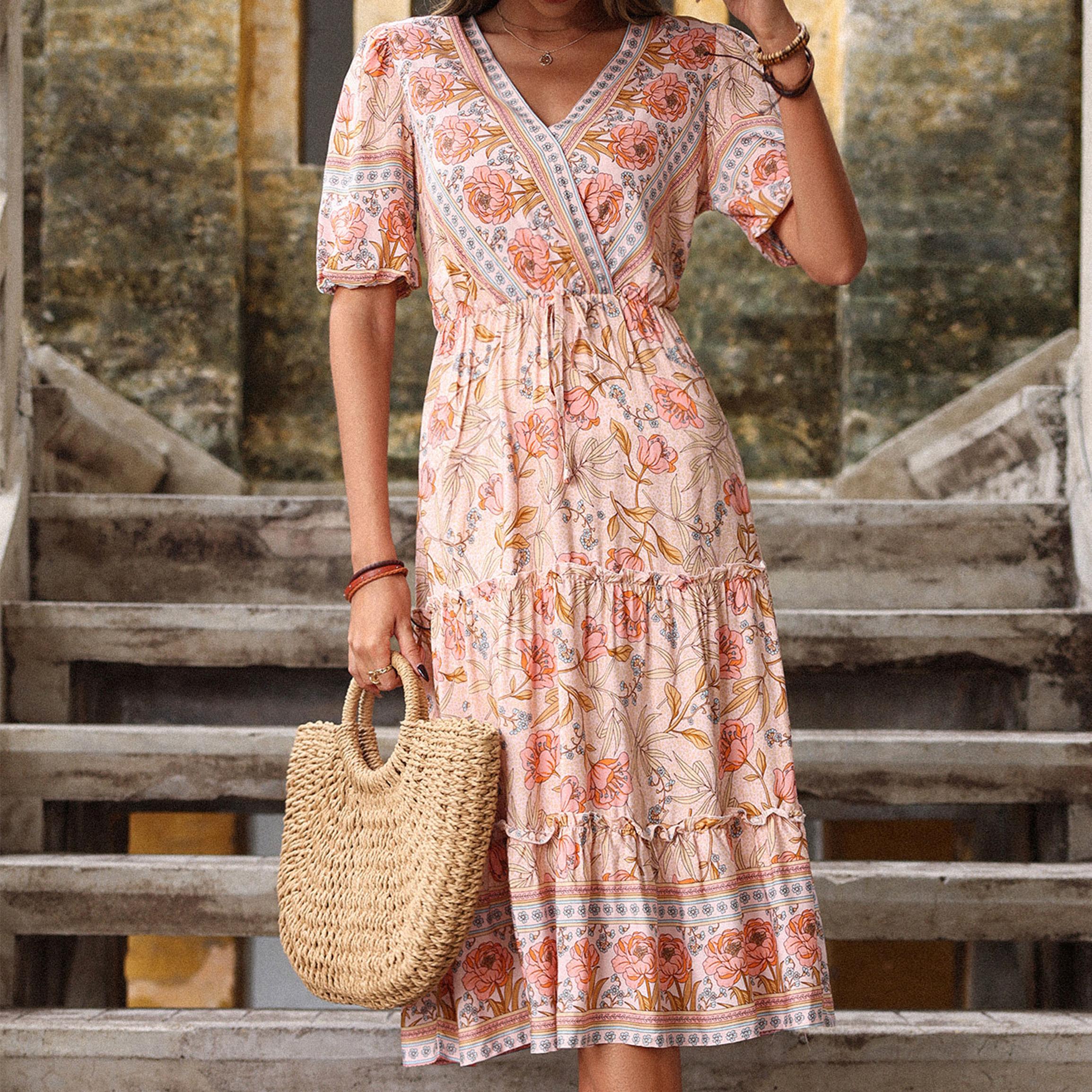 

YYFS женские винтажные повседневные платья в богемном стиле на лето и весну с цветочным принтом и коротким рукавом, с v-образным вырезом и высокой талией XXL розовый