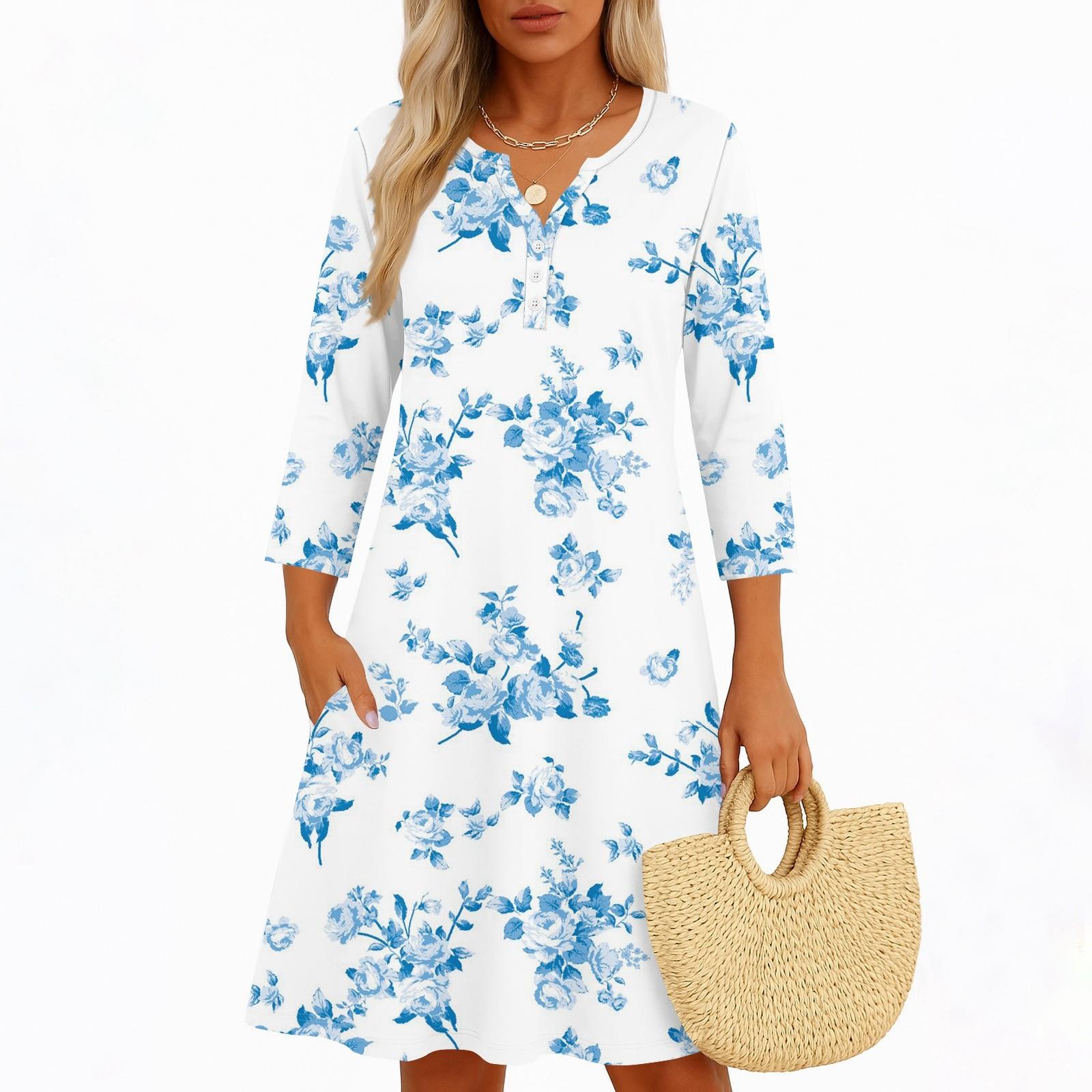 

Платья для женщин Весенние сарафаны Женское повседневное платье с рукавом 3/4 V-образный вырез Бохо Платье с цветочным принтом M