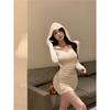 Elegant and pure hot girl with pleated V-neck long-sleeve dress, spring fitted waist-cinching sexy hooded pencil skirt