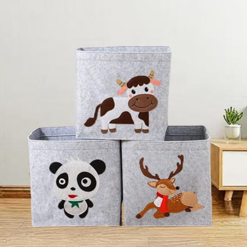 Gray Felt Fabric Storage Box with Cartoon Animals for Kids Rooms