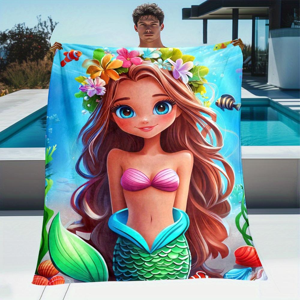 

Mermaid Princess Ocean Fish Flowers Fleece Blanket Cartoon Sea Life Design Soft Throw Beach Pool Party Gift for Girls 75x100cm