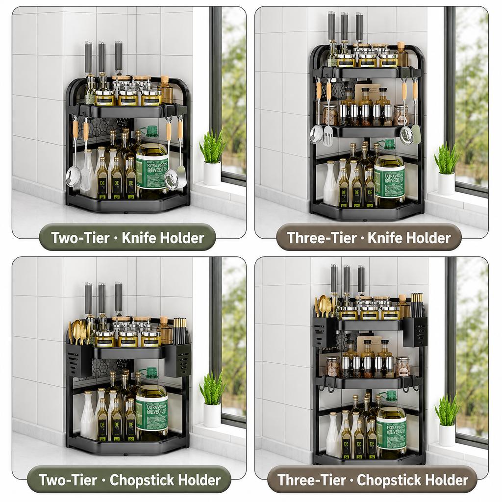 Kitchen Corner Storage Rack No-Drill Countertop Organizer Modern Minimalist Carbon Steel