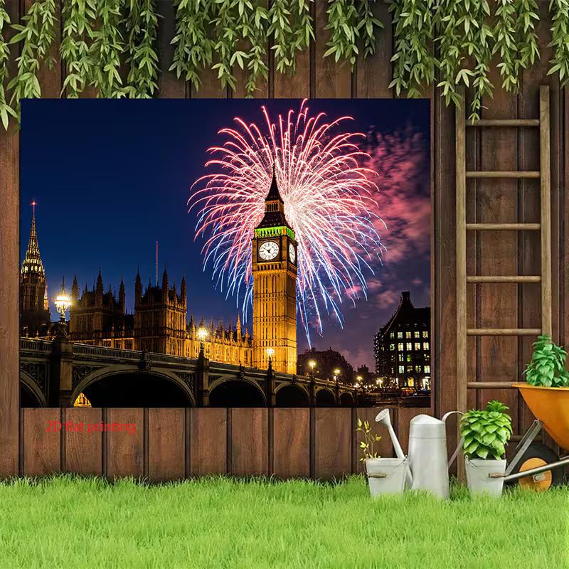2D UK-Themen-Wandteppich, Big Ben mit Feuerwerk und Westminster Bridge