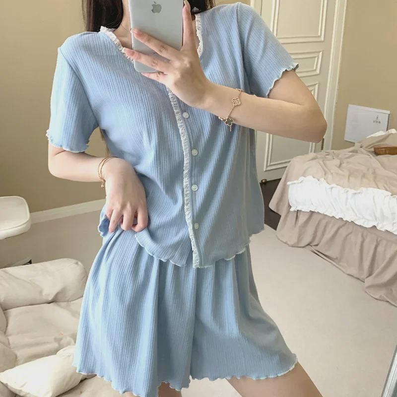 Korean Style Summer 2024 Women's Pajama Set: Short-Sleeve Top & Shorts for Sweet, Versatile Wear