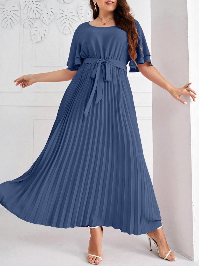 Elegant Long Swing Dress with Square Neck and Lace-up Design - Short Sleeve, Slimming, Pleated for Spring, Summer, Autumn
