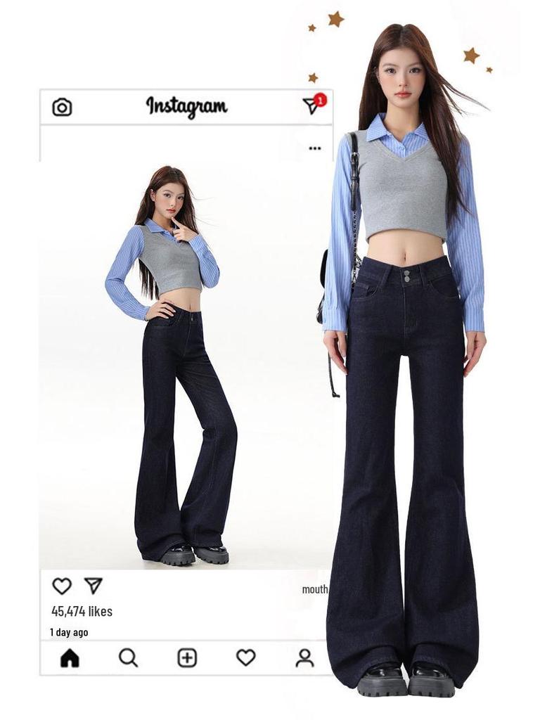Women's 2025 Denim Blue Flare Jeans, Double Button, Slimming Floor-Length with Unique Back Pockets, Early Autumn Design.