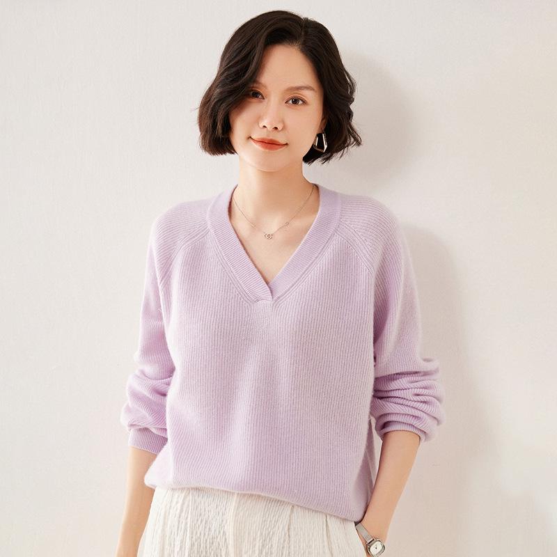 2025 Autumn/Winter Women's Cashmere V-Neck Sweater - Long Sleeve, Solid Color, Versatile, Skin-Friendly, Loose Fit