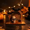 Entrance Counter Decorations Halloween Wooden Skull Ornament with Bat and Spider Web Elements, Stable Rustic Holiday Table Decor Base Tabletop