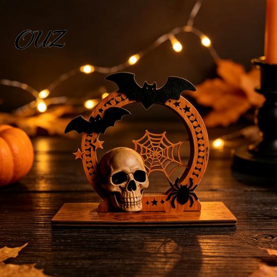 Entrance Counter Decorations Halloween Wooden Skull Ornament with Bat and Spider Web Elements, Stable Rustic Holiday Table Decor Base Tabletop